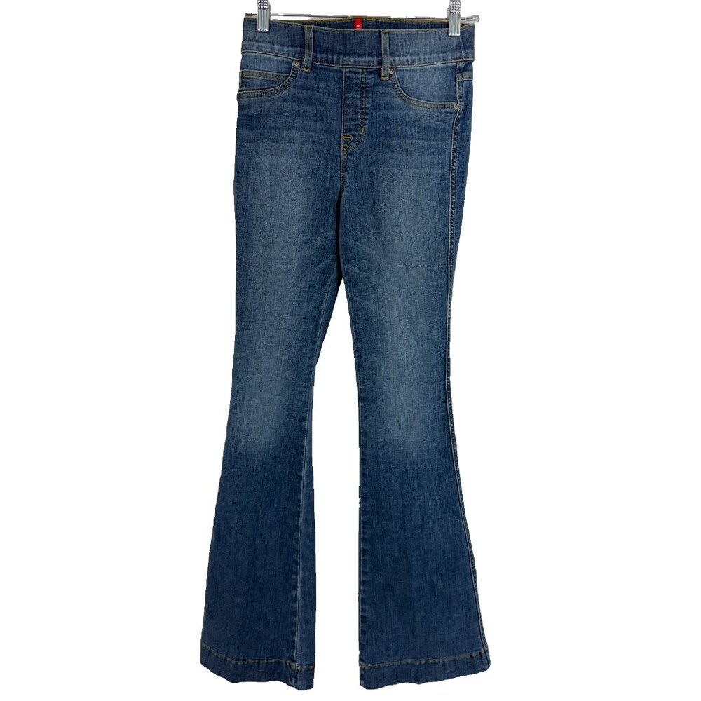 Spanx Women XSP Flare Jeans Pull On Medium Wash Stretch Denim Slim Whiskering